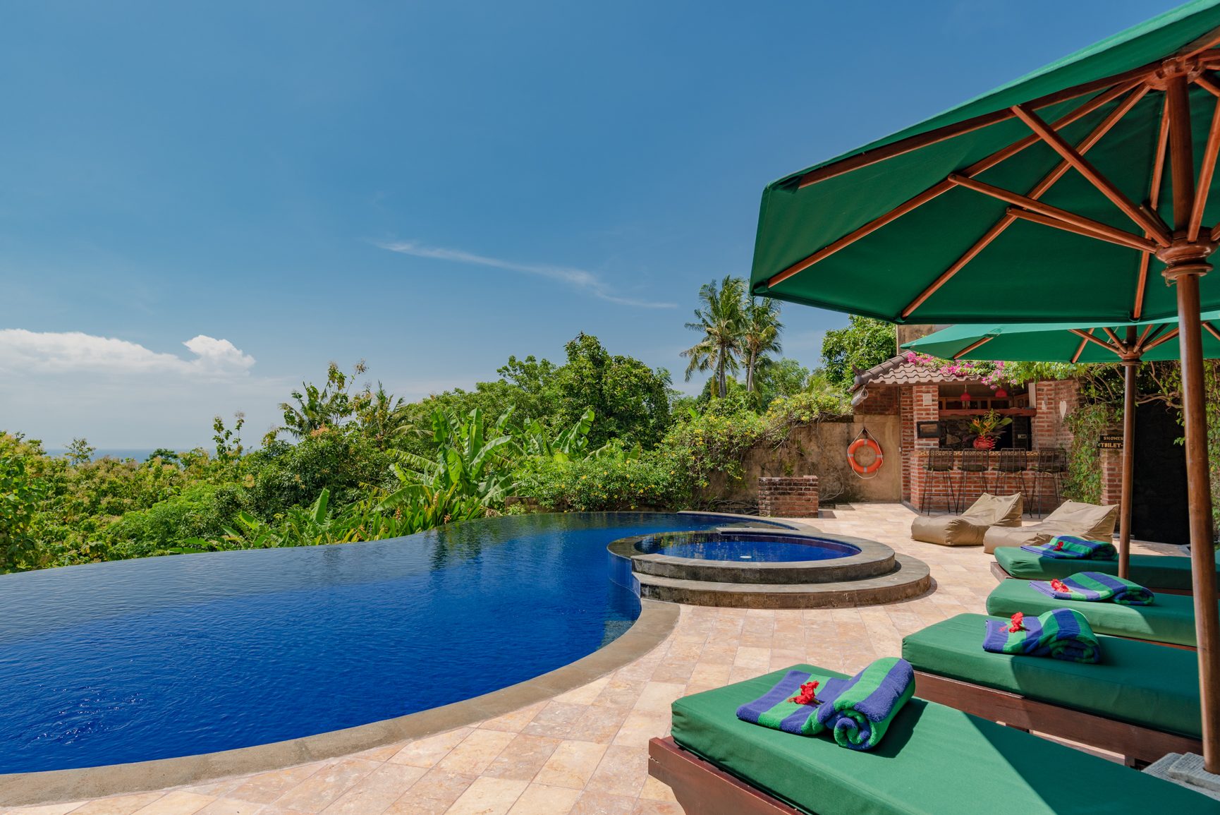 Alamanda Lovina Resort pool surrounded by tropical vegetation with the North Bali hills behind